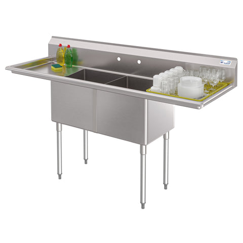 72 in. 18-Gauge 2-Compartment Commercial Sink with Backsplash and Dual 18 in. Drainboards, Bowl Dimensions 18"x18"x14" in Stainless-Steel (KM-SB181814-18B3)