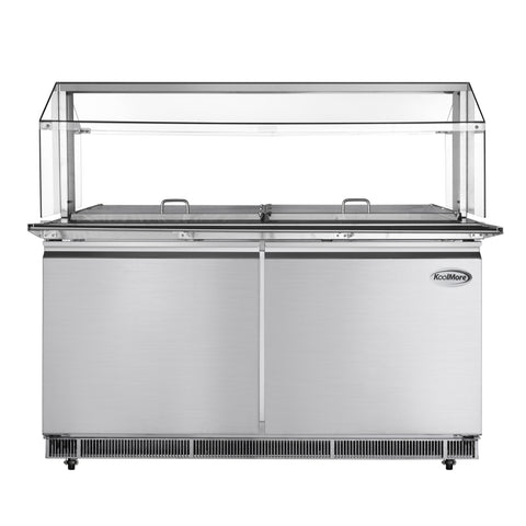 60 in. Commercial Refrigerated Prep Station with Sneeze Guard and Buffet Slide, 12 Pans with Covers and Two Adjustable Shelves in Stainless-Steel, ETL Listed (KM-RBT-60CSFG)