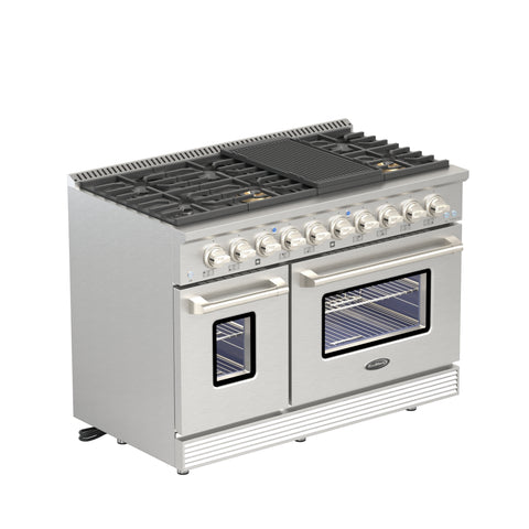 48 In. Dual Oven Natural Gas Range Stove with 8 Sealed Burners, Griddle, Grill, and Convection Oven, KM-FR48GL-SS.