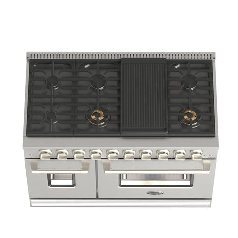 48 In. Dual Oven Natural Gas Range Stove with 8 Sealed Burners, Griddle, Grill, and Convection Oven, KM-FR48GL-SS.