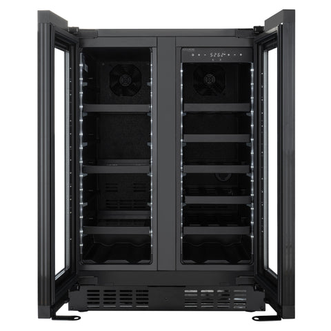 KoolMore Reserve 24 in. French Door Dual Zone Panel Ready Under-Counter Cooler with Black Shelves and 20 Bottle Capacity in the Right Zone and 2.1 Cu. Ft. on the Left in Black (KM-CWB24-BPR)