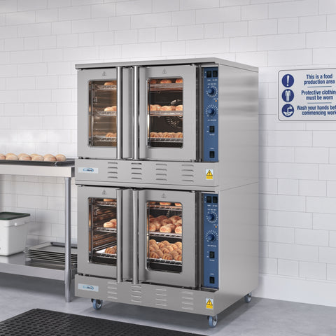 38 in. Full Size Double Commercial Natural Gas Convection Oven 108,000 BTU Total with stacking And Casters