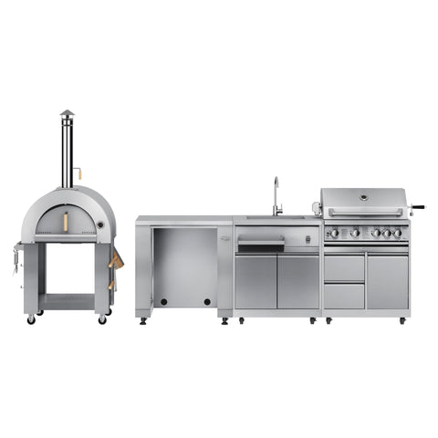 KoolMore Outdoor Kitchen Series Modular Kitchen with a Wood fire Pizza Oven, Refrigerator Cabinet, Double Refrigerator Drawers, Sink and a 30 in. BBQ Grill and Cabinet in Stainless-Steel (KM-OKSKIT-CONFIG100)