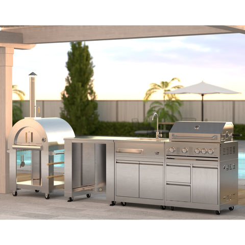 KoolMore Outdoor Kitchen Series Modular Kitchen with a Wood fire Pizza Oven, Refrigerator Cabinet, Double Refrigerator Drawers, Sink and a 30 in. BBQ Grill and Cabinet in Stainless-Steel (KM-OKSKIT-CONFIG100)