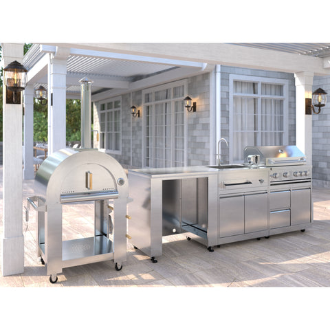 KoolMore Outdoor Kitchen Series Modular Kitchen with a Wood fire Pizza Oven, Refrigerator Cabinet, Double Refrigerator Drawers, Sink and a 30 in. BBQ Grill and Cabinet in Stainless-Steel (KM-OKSKIT-CONFIG100)