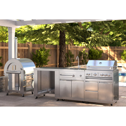 KoolMore Outdoor Kitchen Series Modular Kitchen with a Wood Fire Pizza Oven, Refrigerator and Cabinet, Sink, 30 in. BBQ Grill and Grill Cabinet in Stainless-Steel (KM-OKSKIT-CONFIG117)