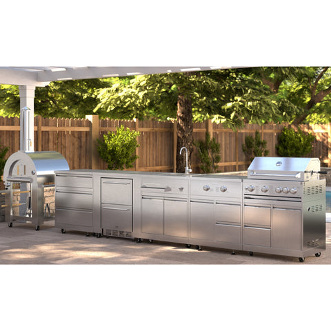 KoolMore Outdoor Kitchen Series Modular Kitchen with a Dual Fuel Pizza Oven, 3 Drawer Cabinet, Refrigerator and Cabinet, Sink, Side Burner and 30 in. BBQ Grill with Cabinet in Stainless-Steel (KM-OKSKIT-CONFIG109)
