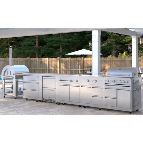 KoolMore Outdoor Kitchen Series Modular Kitchen with a Dual Fuel Pizza Oven, 3 Drawer Cabinet, Refrigerator and Cabinet, Sink, Side Burner and 30 in. BBQ Grill with Cabinet in Stainless-Steel (KM-OKSKIT-CONFIG109)