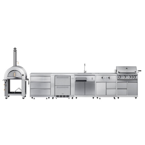 KoolMore Outdoor Kitchen Series Modular Kitchen with a Dual Fuel Pizza Oven, 3 Drawer Cabinet, Refrigerator and Cabinet, Sink, Side Burner and 30 in. BBQ Grill with Cabinet in Stainless-Steel (KM-OKSKIT-CONFIG109)