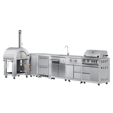 KoolMore Outdoor Kitchen Series Modular Kitchen with a Wood Fire Pizza Oven, Corner Cabinet, Refrigerator and Cabinet, Sink, Side Burner and 30 in. BBQ Grill with Cabinet in Stainless-Steel (KM-OKSKIT-CONFIG112)