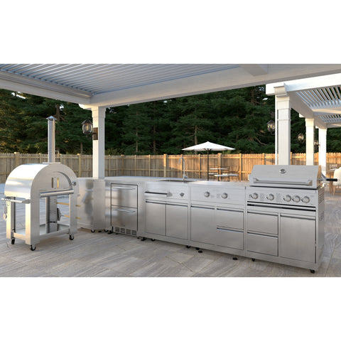 KoolMore Outdoor Kitchen Series Modular Kitchen with a Wood Fire Pizza Oven, Corner Cabinet, Refrigerator and Cabinet, Sink, Side Burner and 30 in. BBQ Grill with Cabinet in Stainless-Steel (KM-OKSKIT-CONFIG112)