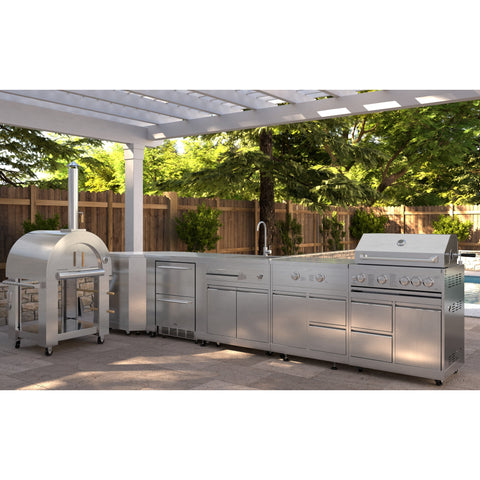 KoolMore Outdoor Kitchen Series Modular Kitchen with a Wood Fire Pizza Oven, Corner Cabinet, Refrigerator and Cabinet, Sink, Side Burner and 30 in. BBQ Grill with Cabinet in Stainless-Steel (KM-OKSKIT-CONFIG112)