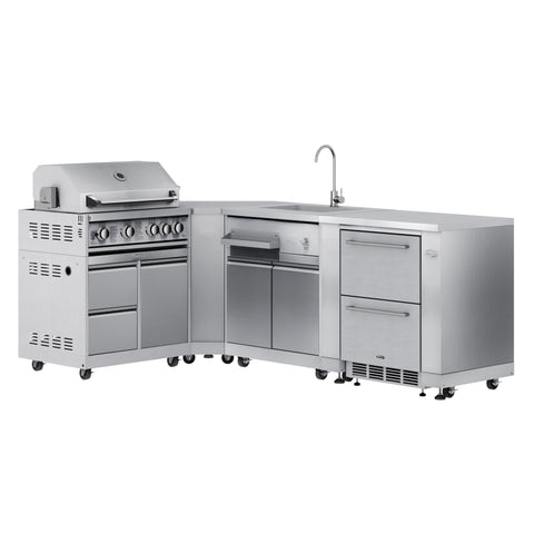 KoolMore Outdoor Kitchen Series Modular Kitchen with a 30 in. BBQ Grill And Grill Cabinet, Corner Cabinet, Sink, Refrigerator and Cabinet in Stainless-Steel (KM-OKSKIT-CONFIG115)