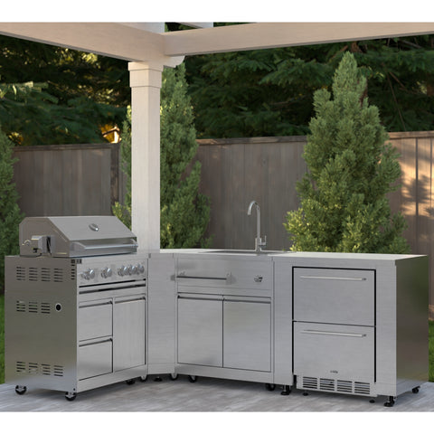 KoolMore Outdoor Kitchen Series Modular Kitchen with a 30 in. BBQ Grill And Grill Cabinet, Corner Cabinet, Sink, Refrigerator and Cabinet in Stainless-Steel (KM-OKSKIT-CONFIG115)