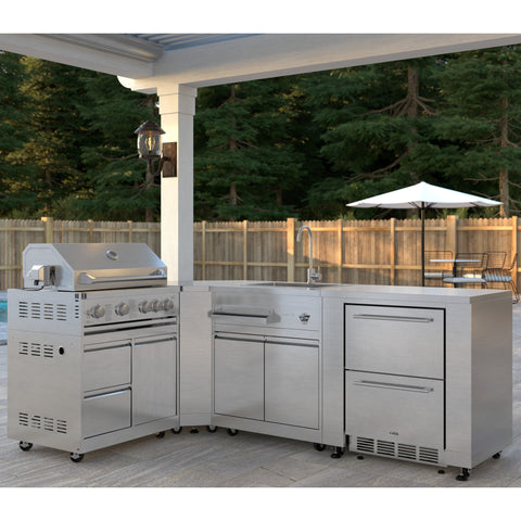 KoolMore Outdoor Kitchen Series Modular Kitchen with a 30 in. BBQ Grill And Grill Cabinet, Corner Cabinet, Sink, Refrigerator and Cabinet in Stainless-Steel (KM-OKSKIT-CONFIG115)
