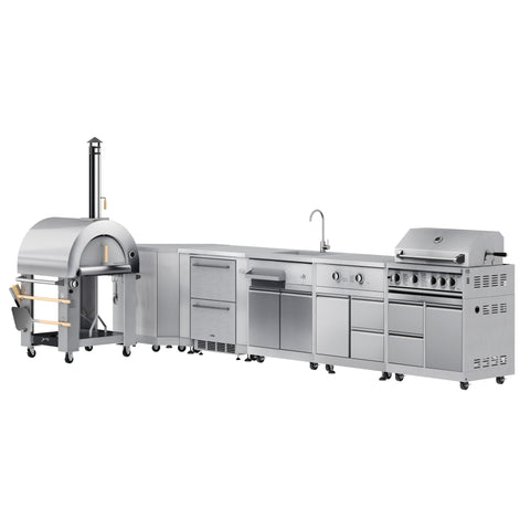 KoolMore Outdoor Kitchen Series Modular Kitchen with a Dual Fuel Pizza Oven, Corner Cabinet, Refrigerator and Cabinet, Sink, Side Burner and 30 in. BBQ Grill with Cabinet in Stainless-Steel (KM-OKSKIT-CONFIG113)