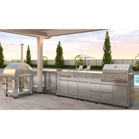 KoolMore Outdoor Kitchen Series Modular Kitchen with a Dual Fuel Pizza Oven, Corner Cabinet, Refrigerator and Cabinet, Sink, Side Burner and 30 in. BBQ Grill with Cabinet in Stainless-Steel (KM-OKSKIT-CONFIG113)