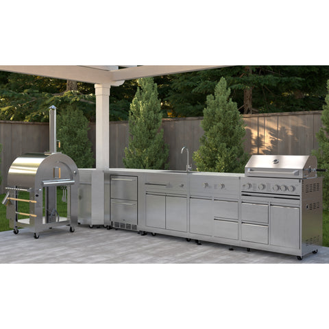 KoolMore Outdoor Kitchen Series Modular Kitchen with a Dual Fuel Pizza Oven, Corner Cabinet, Refrigerator and Cabinet, Sink, Side Burner and 30 in. BBQ Grill with Cabinet in Stainless-Steel (KM-OKSKIT-CONFIG113)