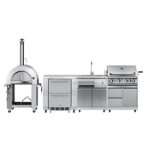 KoolMore Outdoor Kitchen Series Modular Kitchen with a Dual Fuel Pizza Oven, Refrigerator and Cabinet, Double Refrigerator Drawers, Sink and 30 in. BBQ Grill and Cabinet in Stainless-Steel (KM-OKSKIT-CONFIG101)