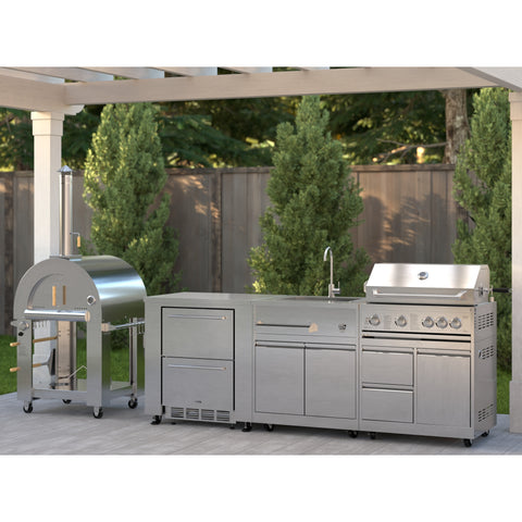 KoolMore Outdoor Kitchen Series Modular Kitchen with a Dual Fuel Pizza Oven, Refrigerator and Cabinet, Double Refrigerator Drawers, Sink and 30 in. BBQ Grill and Cabinet in Stainless-Steel (KM-OKSKIT-CONFIG101)