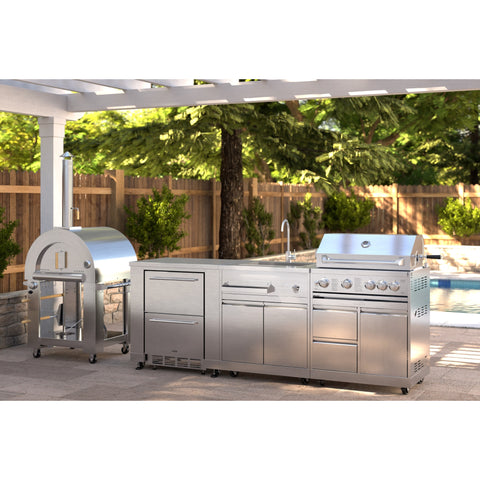 KoolMore Outdoor Kitchen Series Modular Kitchen with a Dual Fuel Pizza Oven, Refrigerator and Cabinet, Double Refrigerator Drawers, Sink and 30 in. BBQ Grill and Cabinet in Stainless-Steel (KM-OKSKIT-CONFIG101)