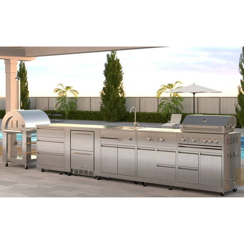 KoolMore Outdoor Kitchen Series Modular Kitchen with a Wood fire Pizza Oven, 3 Drawer Cabinet, Refrigerator Cabinet, Double Refrigerator Drawers, Sink, Side Burner and a 30 in. BBQ Grill with Cabinet in Stainless-Steel (KM-OKSKIT-CONFIG108)
