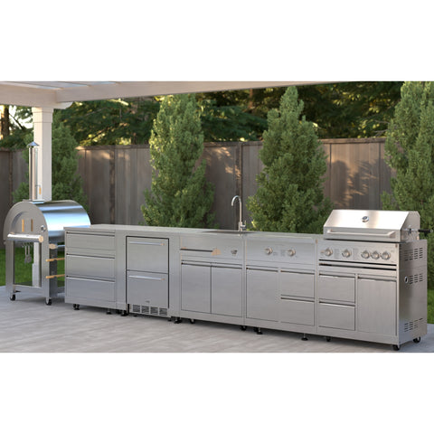 KoolMore Outdoor Kitchen Series Modular Kitchen with a Wood fire Pizza Oven, 3 Drawer Cabinet, Refrigerator Cabinet, Double Refrigerator Drawers, Sink, Side Burner and a 30 in. BBQ Grill with Cabinet in Stainless-Steel (KM-OKSKIT-CONFIG108)