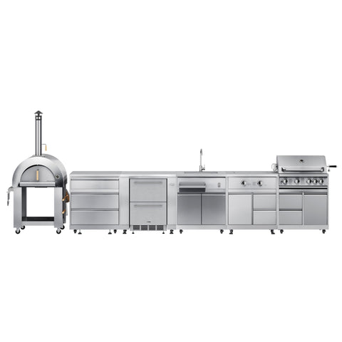 KoolMore Outdoor Kitchen Series Modular Kitchen with a Wood fire Pizza Oven, 3 Drawer Cabinet, Refrigerator Cabinet, Double Refrigerator Drawers, Sink, Side Burner and a 30 in. BBQ Grill with Cabinet in Stainless-Steel (KM-OKSKIT-CONFIG108)