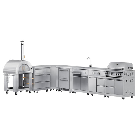 KoolMore Outdoor Kitchen Series Modular Kitchen with a Wood fire Pizza Oven, 3 Drawer Cabinet, Corner Cabinet, Double Refrigerator Drawers with Cabinet, Sink, Side Burner and 30 in. BBQ Grill and Cabinet in Stainless-Steel (KM-OKSKIT-CONFIG106)
