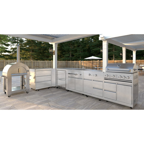 KoolMore Outdoor Kitchen Series Modular Kitchen with a Wood fire Pizza Oven, 3 Drawer Cabinet, Corner Cabinet, Double Refrigerator Drawers with Cabinet, Sink, Side Burner and 30 in. BBQ Grill and Cabinet in Stainless-Steel (KM-OKSKIT-CONFIG106)