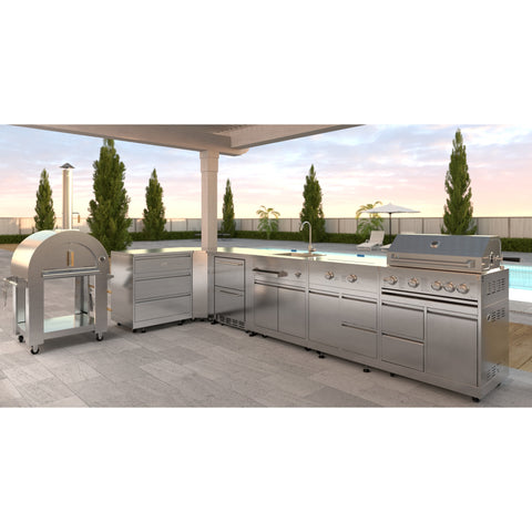 KoolMore Outdoor Kitchen Series Modular Kitchen with a Wood fire Pizza Oven, 3 Drawer Cabinet, Corner Cabinet, Double Refrigerator Drawers with Cabinet, Sink, Side Burner and 30 in. BBQ Grill and Cabinet in Stainless-Steel (KM-OKSKIT-CONFIG106)