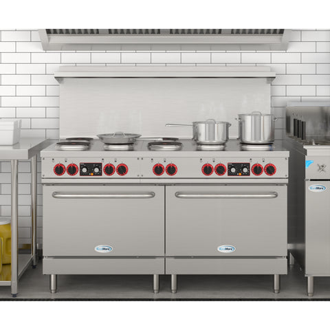 60 In. Commercial Electric Range with 10 Burners and 2 Standard Electric Ovens in Stainless Steel - 208V 3-Phase