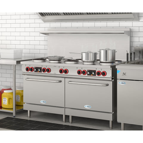 60 In. Commercial Electric Range with 10 Burners and 2 Standard Electric Ovens in Stainless Steel - 208V 3-Phase