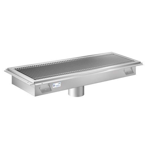 12" x 30" Stainless Steel Floor Trough Drain, 14-Gauge with Subway-Style Grating & Removable Drain Basket, NSF Listed (KM-FTG-1230)