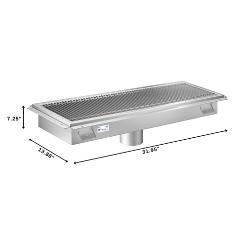 12" x 30" Stainless Steel Floor Trough Drain, 14-Gauge with Subway-Style Grating & Removable Drain Basket, NSF Listed (KM-FTG-1230)