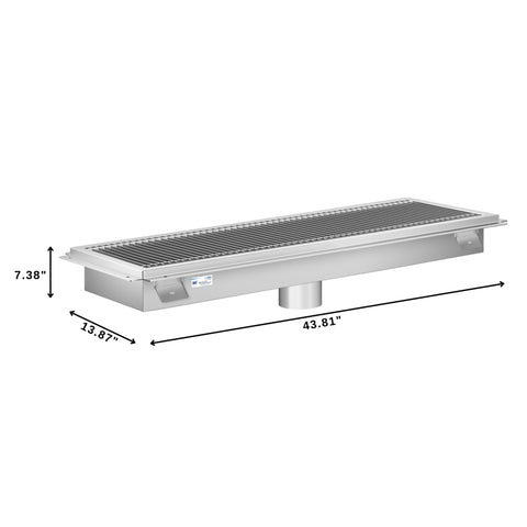 12" x 42" Stainless Steel Floor Trough Drain, 14-Gauge with Subway-Style Grating & Removable Drain Basket, NSF Listed (KM-FTG-1242)