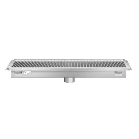 12" x 42" Stainless Steel Floor Trough Drain, 14-Gauge with Subway-Style Grating & Removable Drain Basket, NSF Listed (KM-FTG-1242)