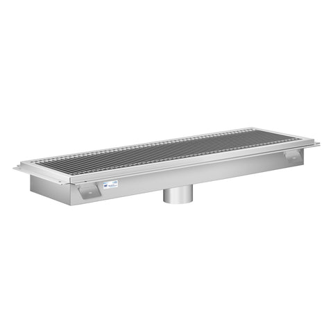 12" x 42" Stainless Steel Floor Trough Drain, 14-Gauge with Subway-Style Grating & Removable Drain Basket, NSF Listed (KM-FTG-1242)