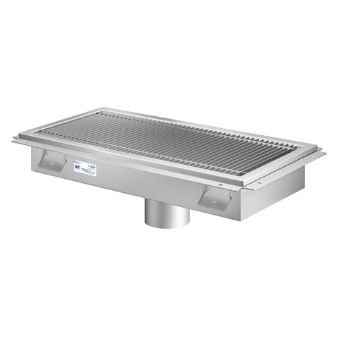 12" x 24" Stainless Steel Floor Trough Drain, 14-Gauge with Subway-Style Grating & Removable Drain Basket, NSF Listed (KM-FTG-1224)