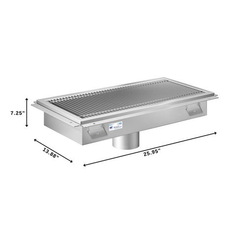 12" x 24" Stainless Steel Floor Trough Drain, 14-Gauge with Subway-Style Grating & Removable Drain Basket, NSF Listed (KM-FTG-1224)