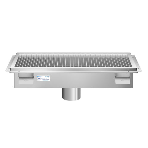 12" x 24" Stainless Steel Floor Trough Drain, 14-Gauge with Subway-Style Grating & Removable Drain Basket, NSF Listed (KM-FTG-1224)