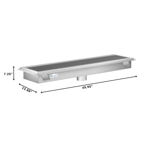 12" x 48" Stainless Steel Floor Trough Drain, 14-Gauge with Subway-Style Grating & Removable Drain Basket, NSF Listed (KM-FTG-1248)