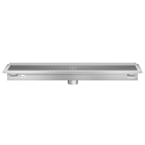 12" x 48" Stainless Steel Floor Trough Drain, 14-Gauge with Subway-Style Grating & Removable Drain Basket, NSF Listed (KM-FTG-1248)