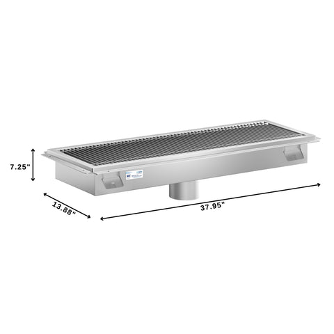 12" x 36" Stainless Steel Floor Trough Drain, 14-Gauge with Subway-Style Grating & Removable Drain Basket, NSF Listed (KM-FTG-1236)