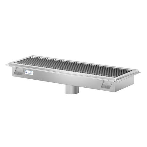 12" x 36" Stainless Steel Floor Trough Drain, 14-Gauge with Subway-Style Grating & Removable Drain Basket, NSF Listed (KM-FTG-1236)