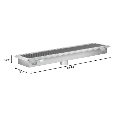 12" x 54" Stainless Steel Floor Trough Drain, 14-Gauge with Subway-Style Grating & Removable Drain Basket, NSF Listed (KM-FTG-1254)