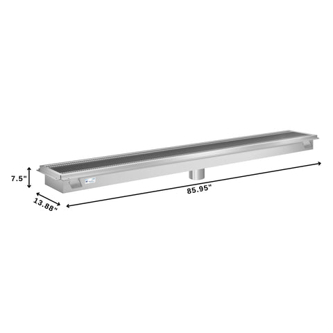 12" x 84" Stainless Steel Floor Trough Drain, 14-Gauge with Subway-Style Grating & Removable Drain Basket, NSF Listed (KM-FTG-1284)