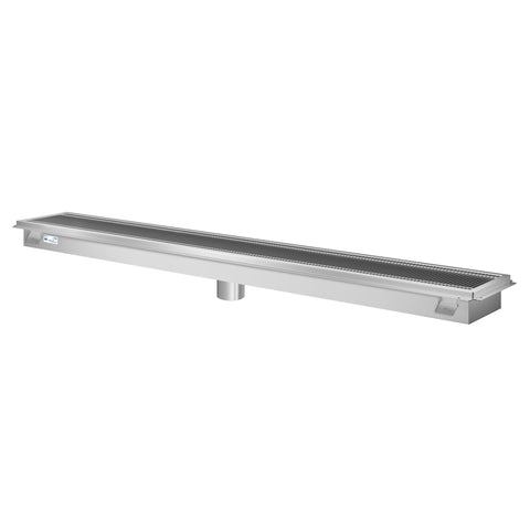 12" x 84" Stainless Steel Floor Trough Drain, 14-Gauge with Subway-Style Grating & Removable Drain Basket, NSF Listed (KM-FTG-1284)