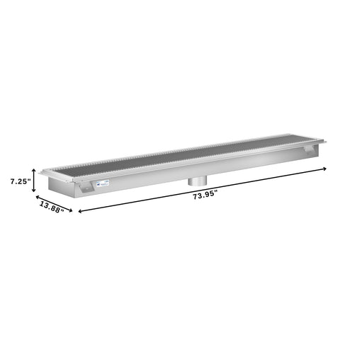 12" x 72" Stainless Steel Floor Trough Drain, 14-Gauge with Subway-Style Grating & Removable Drain Basket, NSF Listed (KM-FTG-1272)