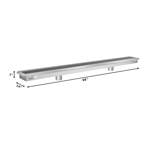 12" x 96" Stainless Steel Floor Trough Drain, 14-Gauge with Subway-Style Grating & Removable Drain Basket, NSF Listed (KM-FTG-1296)